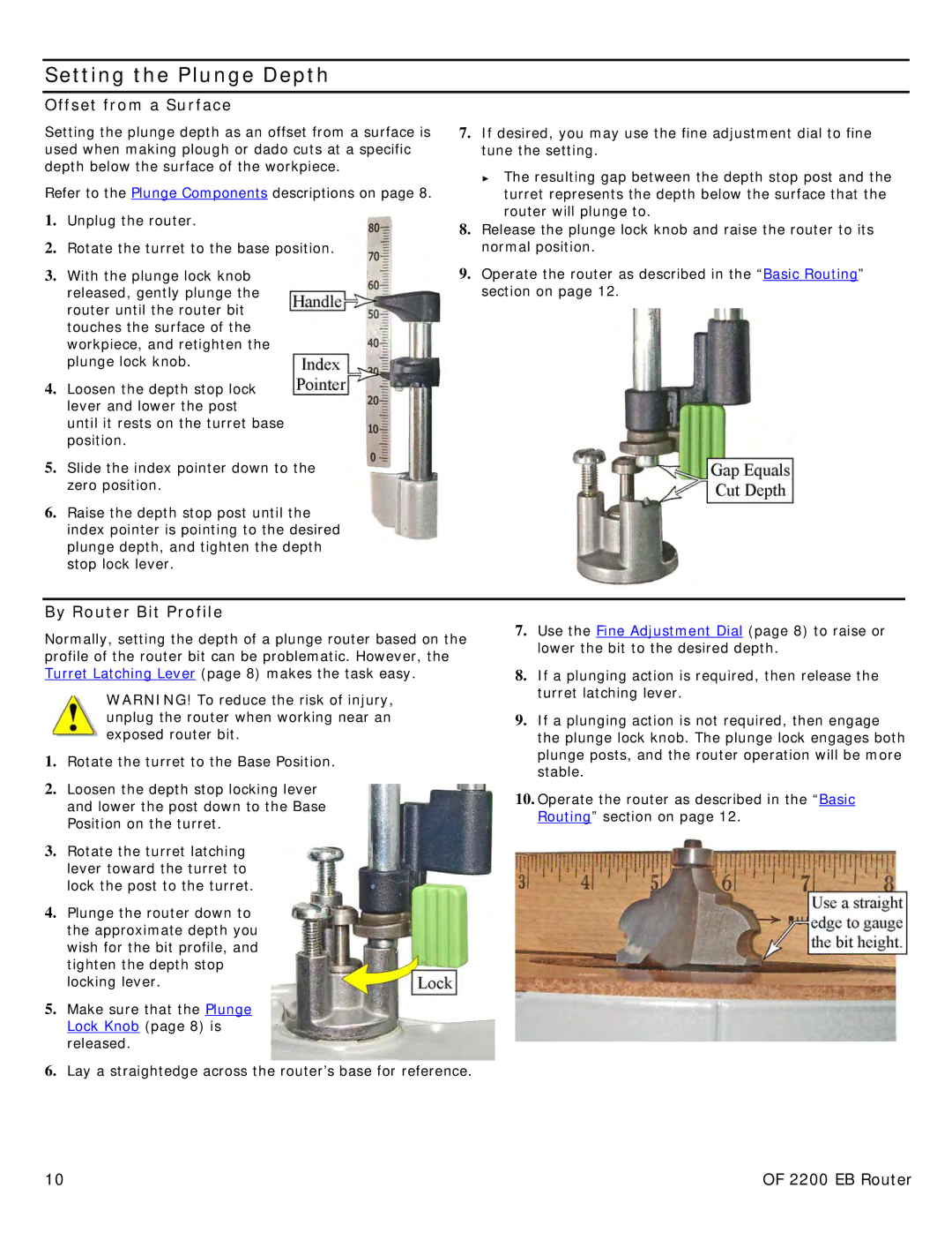 Festool PN574354 user manual Setting the Plunge Depth, Offset from a Surface, By Router Bit Profile 