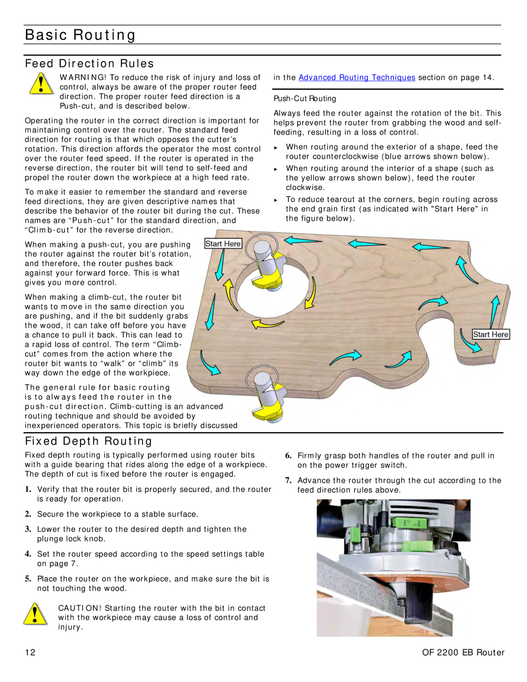 Festool PN574354 user manual Basic Routing, Feed Direction Rules, Fixed Depth Routing, Push-Cut Routing 