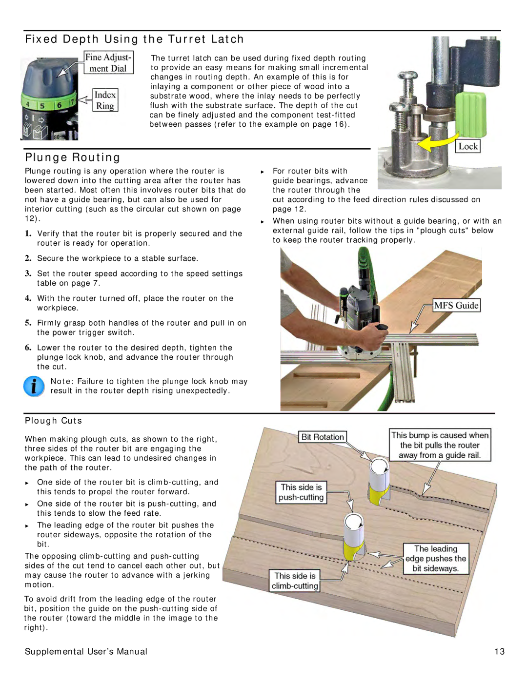 Festool PN574354 user manual Fixed Depth Using the Turret Latch, Plunge Routing, Plough Cuts 