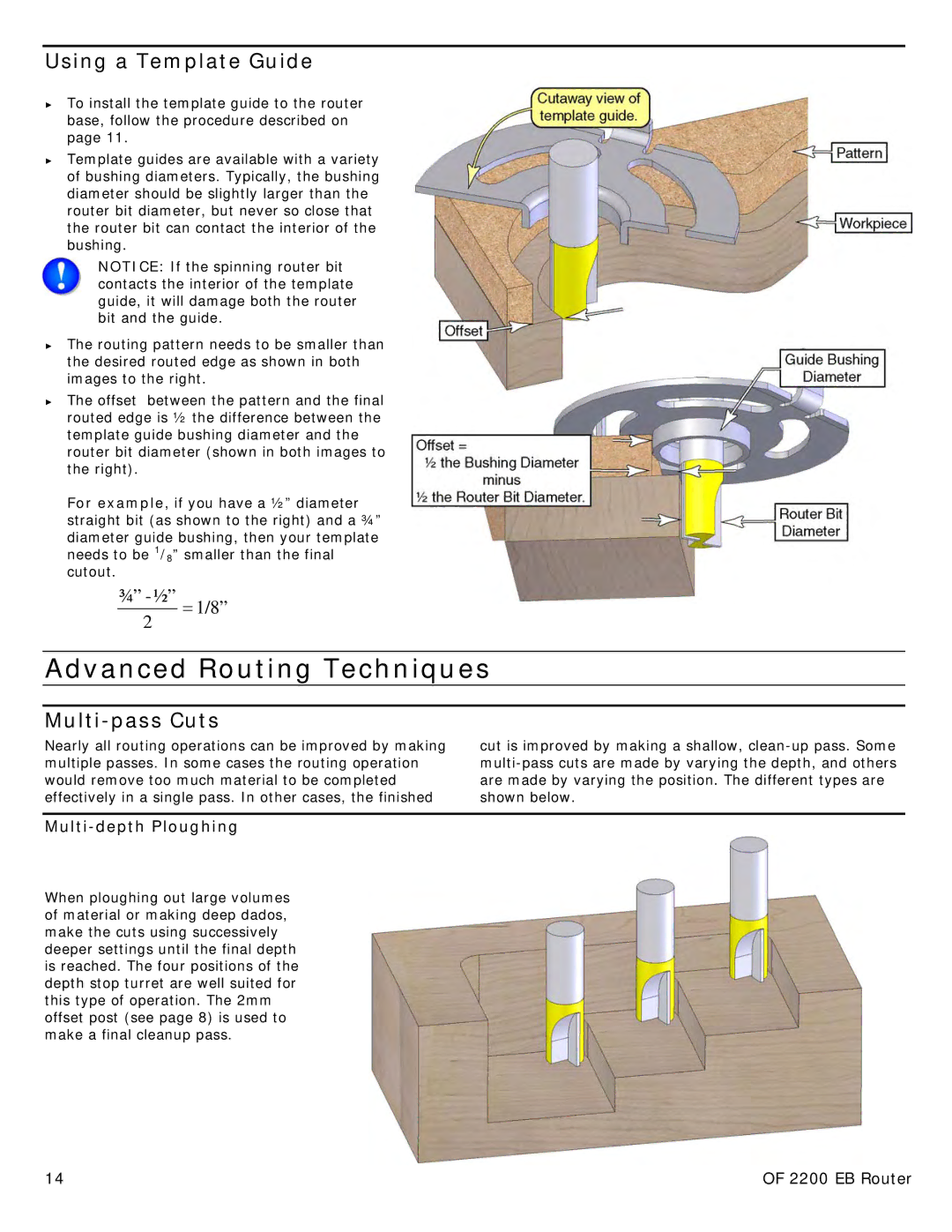 Festool PN574354 user manual Advanced Routing Techniques, Using a Template Guide, Multi-pass Cuts, Multi-depth Ploughing 