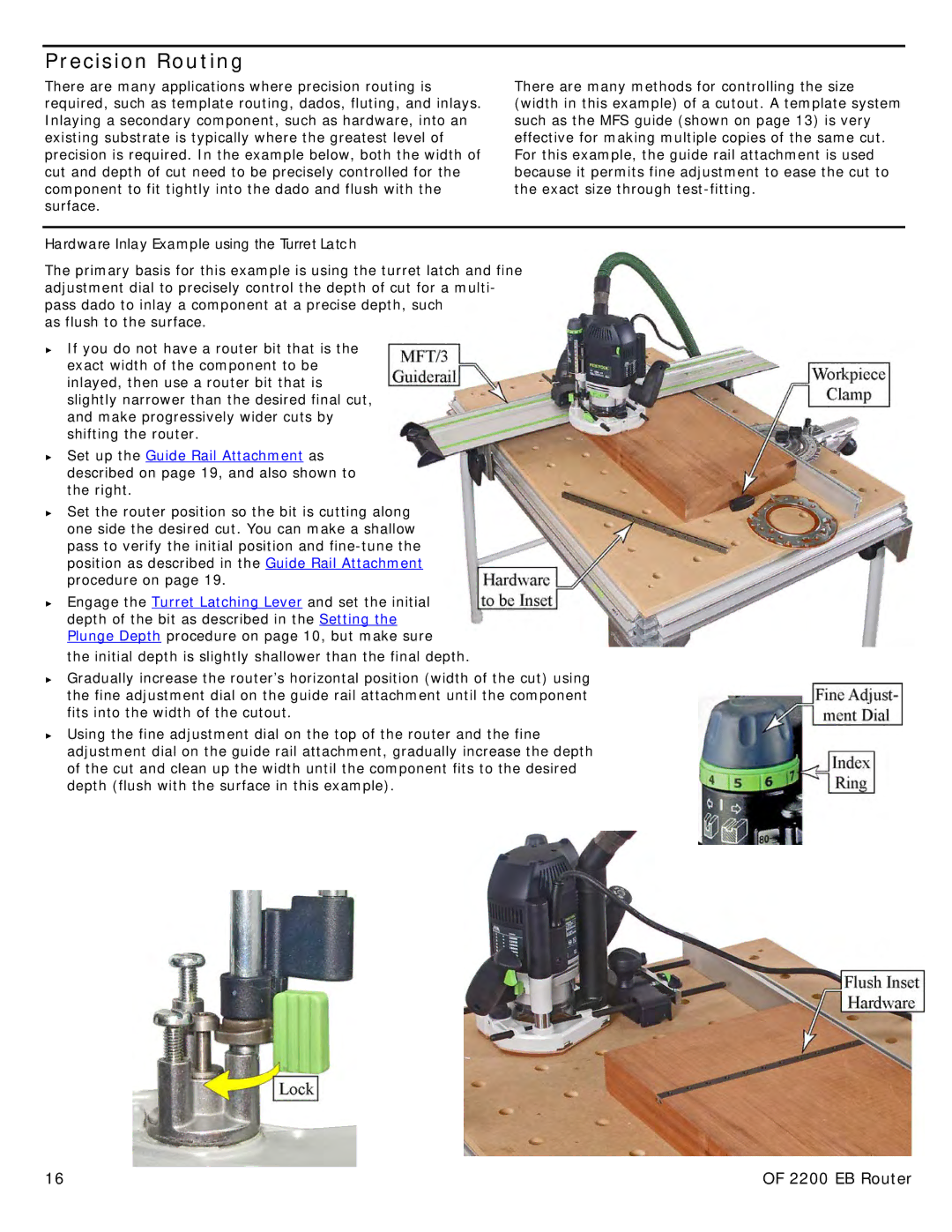 Festool PN574354 user manual Precision Routing, Hardware Inlay Example using the Turret Latch 