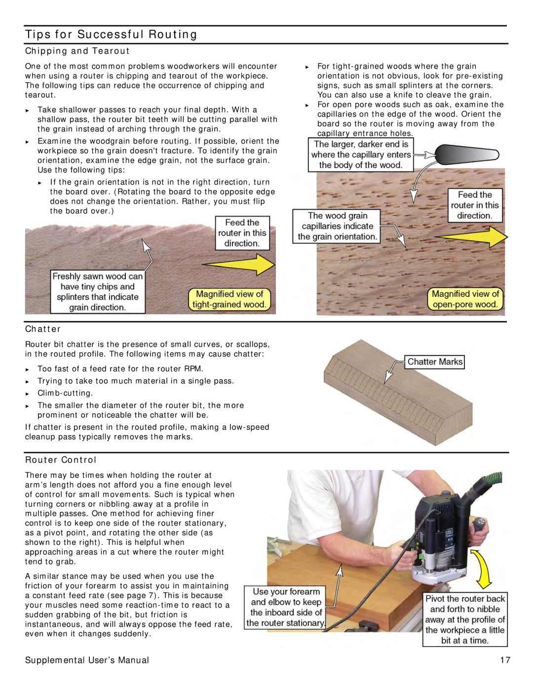 Festool PN574354 user manual Tips for Successful Routing, Chipping and Tearout, Chatter, Router Control 