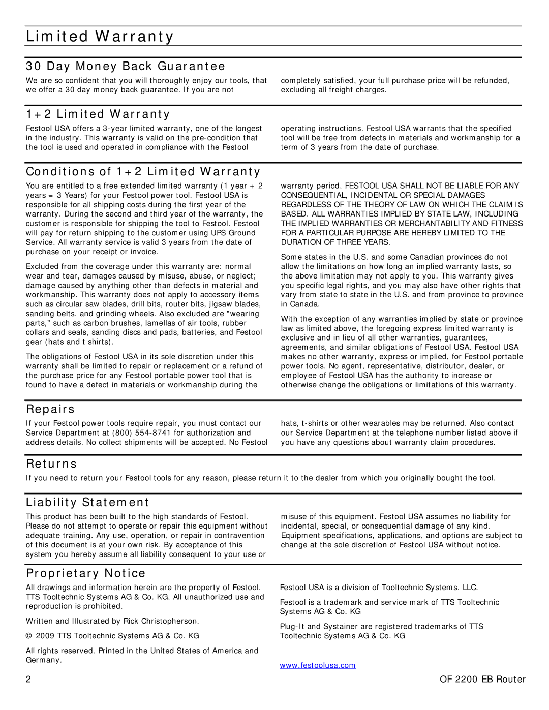 Festool PN574354 user manual Limited Warranty 