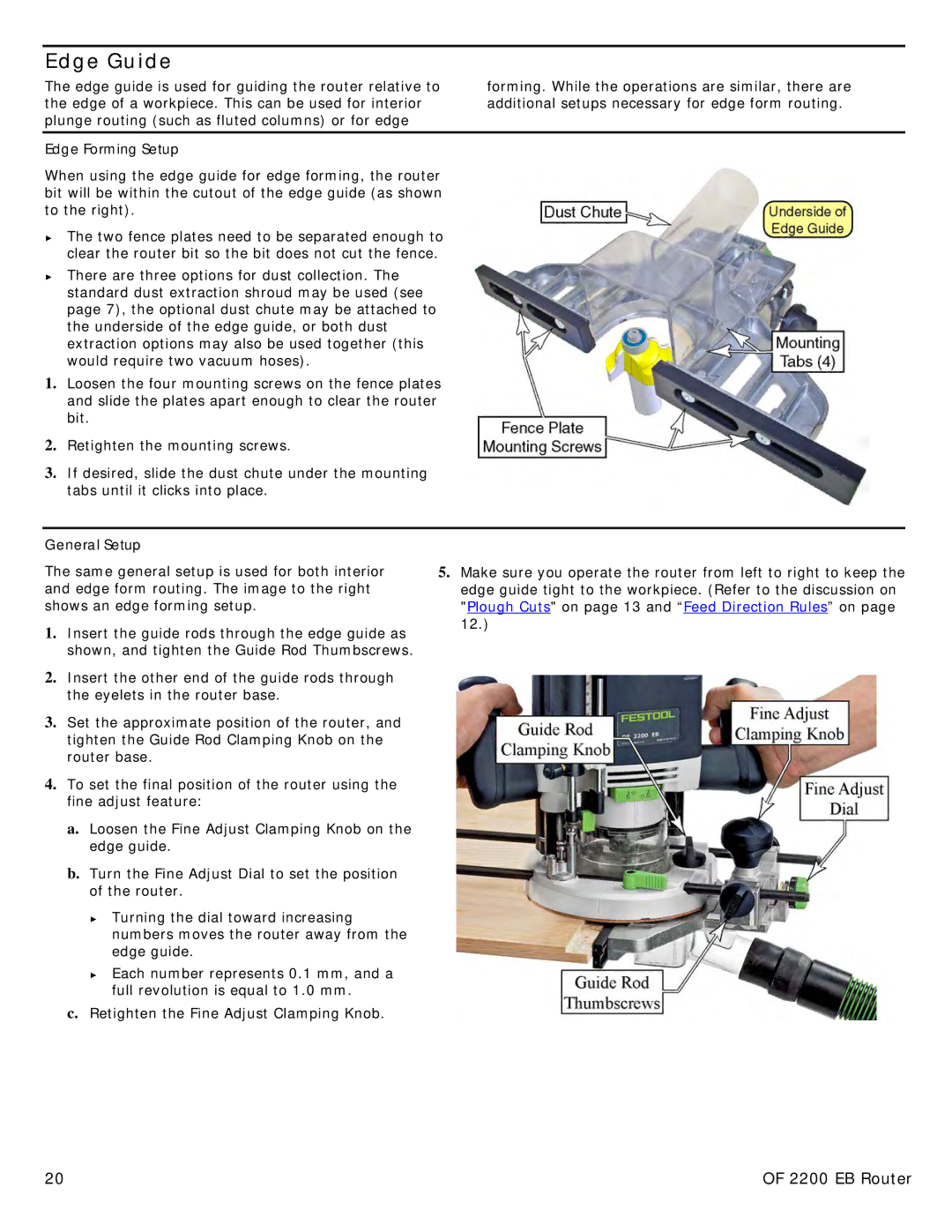 Festool PN574354 user manual Edge Guide, Edge Forming Setup, General Setup 