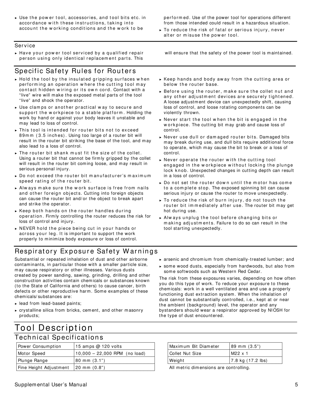 Festool 574354 Tool Description, Specific Safety Rules for Routers, Respiratory Exposure Safety Warnings, Service 