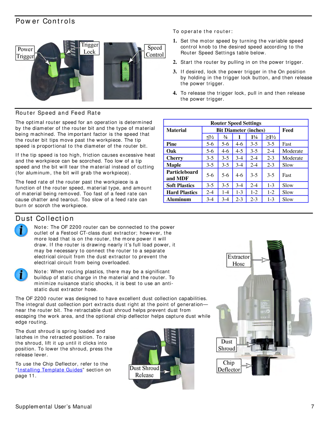 Festool PN574354 user manual Power Controls, Dust Collection, Router Speed and Feed Rate 