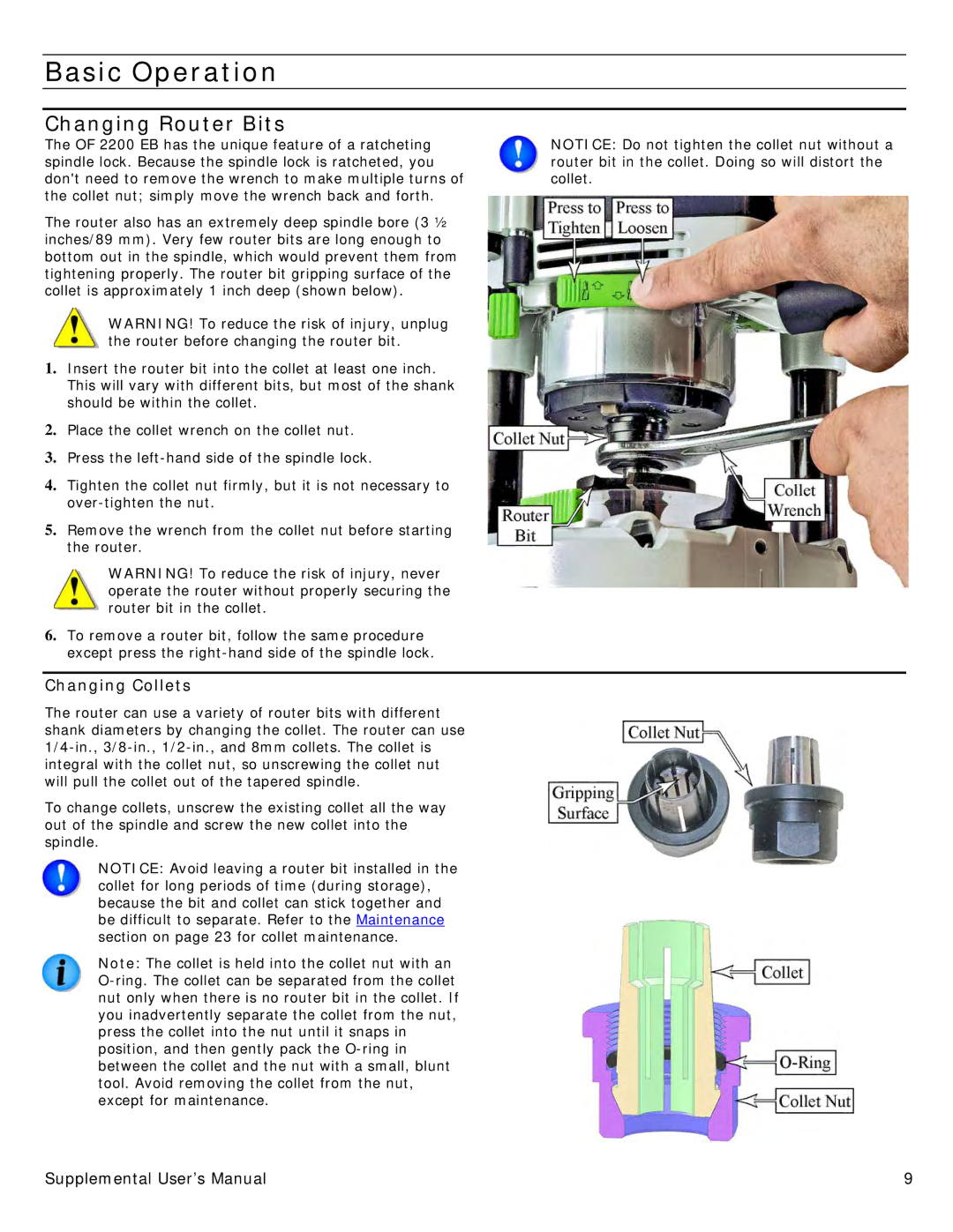 Festool PN574354 user manual Basic Operation, Changing Router Bits, Changing Collets 