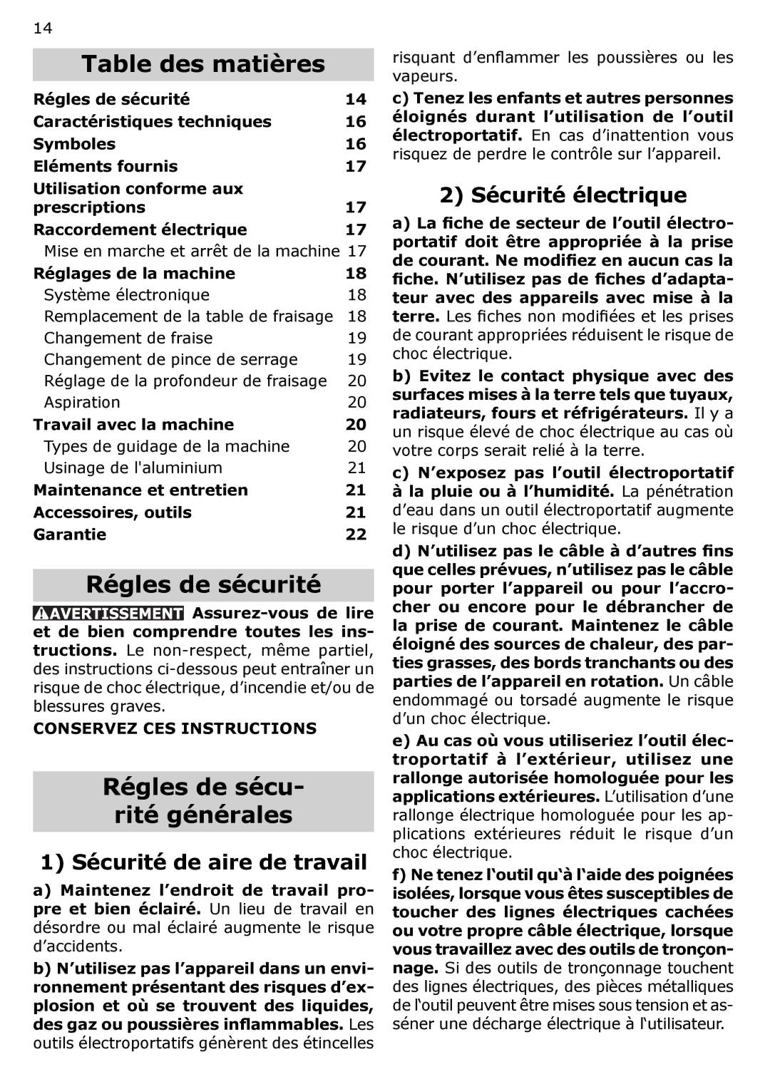 Festool PAC574368 Table des matières, Régles de sécurité, Régles de sécu Rité générales, Sécurité de aire de travail 