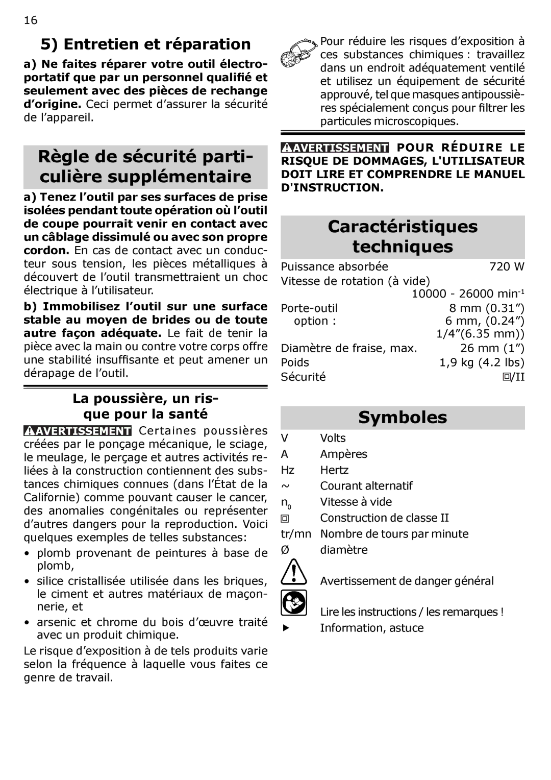 Festool PN574368, PI574368, PAC574368 instruction manual Caractéristiques Techniques, Symboles, Entretien et réparation 