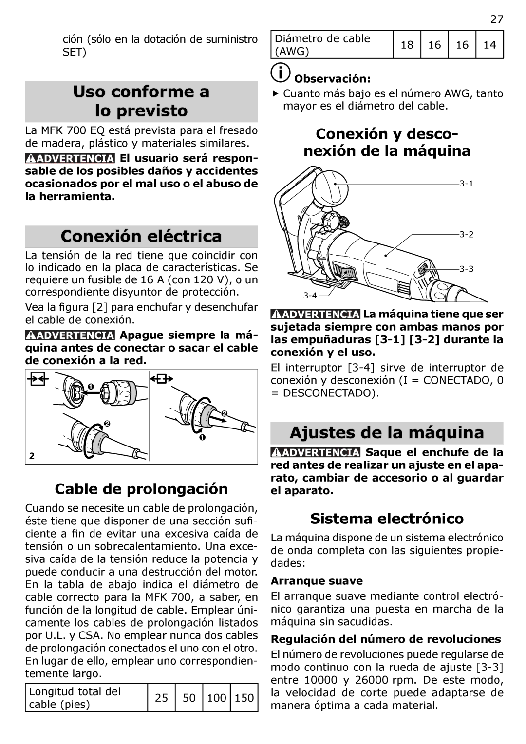 Festool PN574368, PI574368, PAC574368 Uso conforme a Lo previsto, Conexión eléctrica, Ajustes de la máquina 