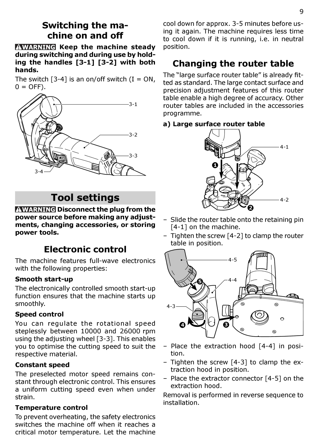 Festool PI574368, PN574368 Tool settings, Switching the ma Chine on and off, Changing the router table, Electronic control 