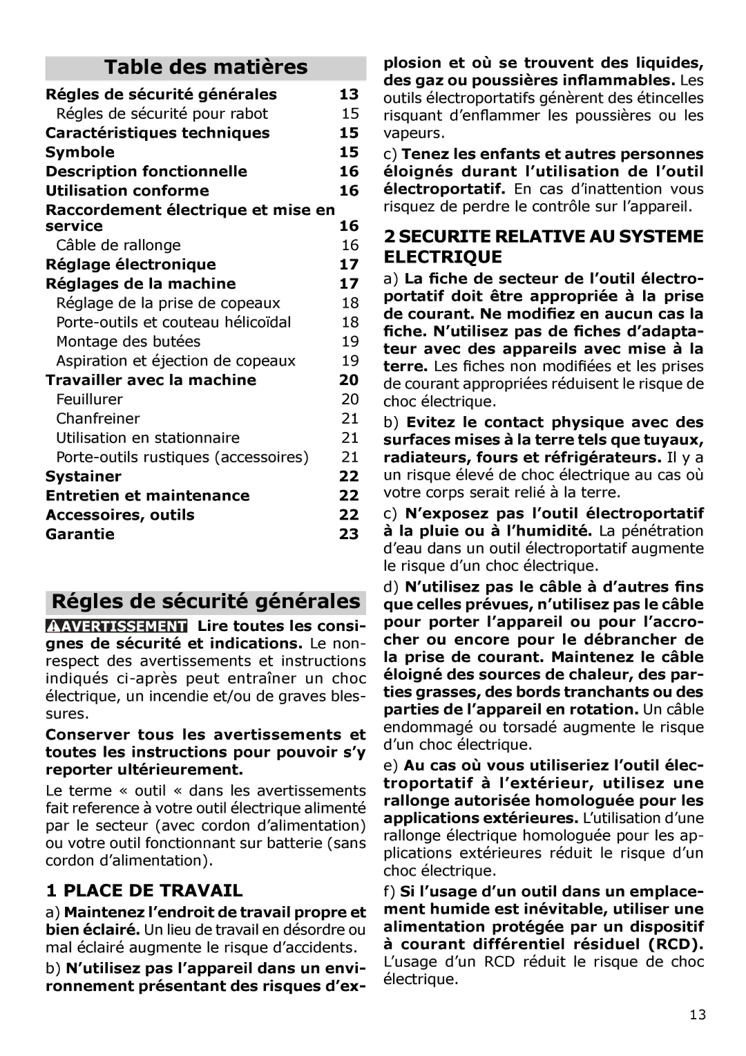 Festool PM574553, PN574553, PAC574553, PI574553 instruction manual Table des matières, Régles de sécurité générales 