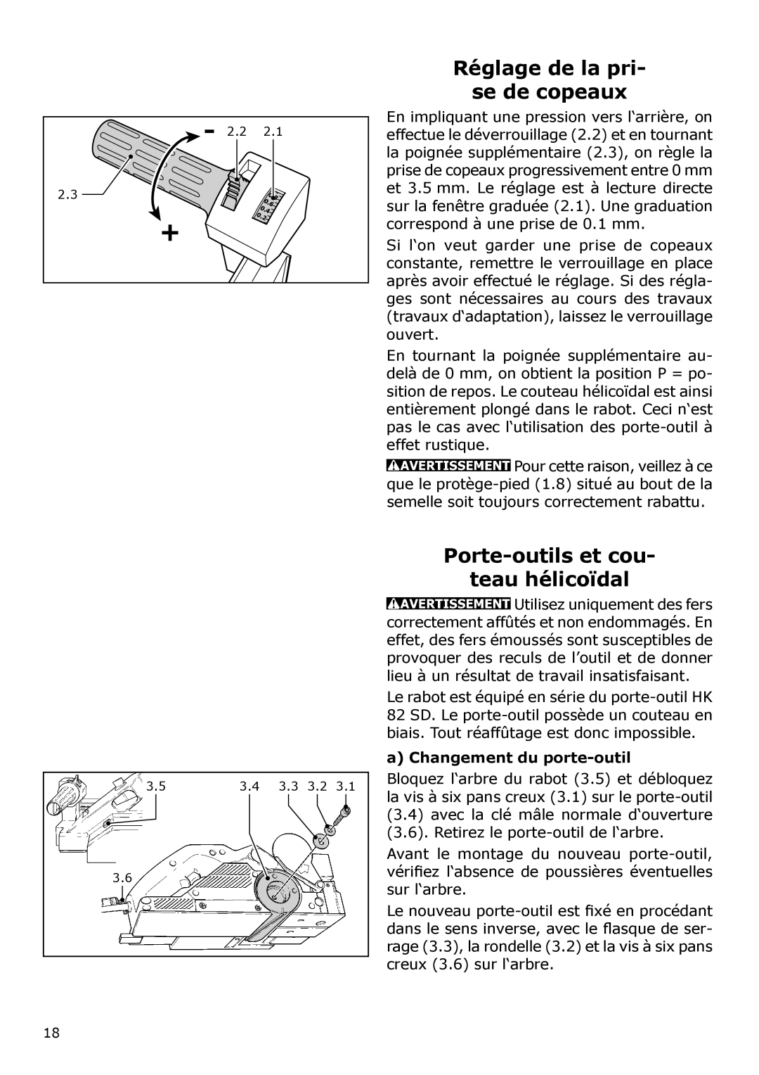 Festool PAC574553 Réglage de la pri Se de copeaux, Porte-outils et cou Teau hélicoïdal, Changement du porte-outil 