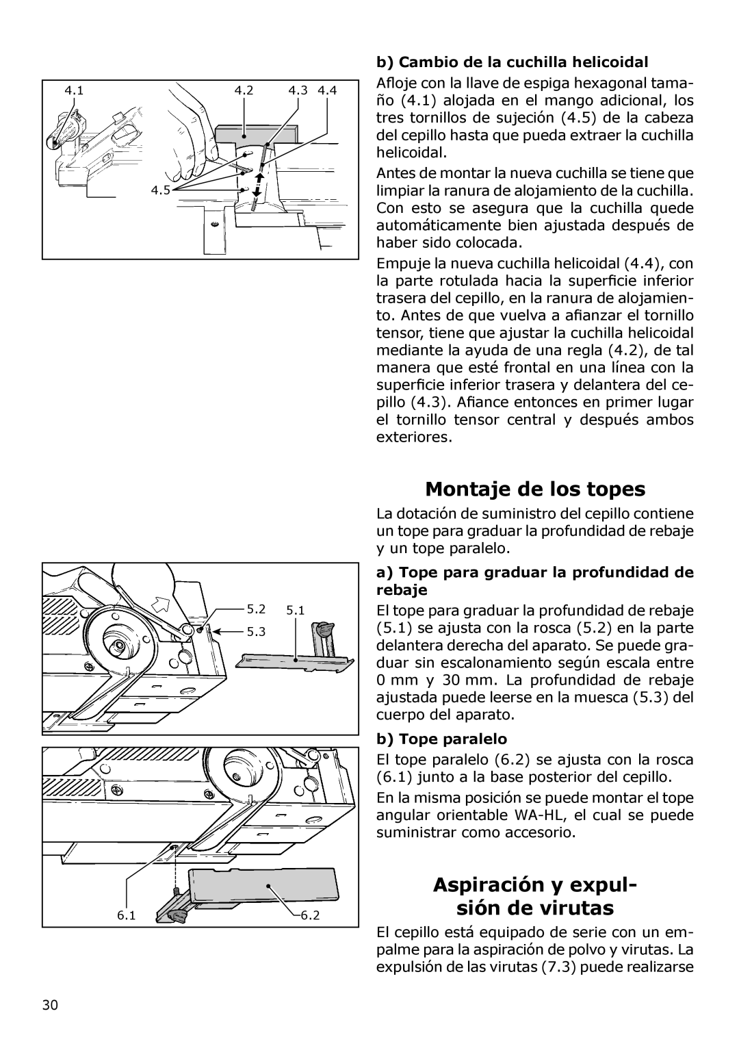 Festool PAC574553, PN574553 Montaje de los topes, Aspiración y expul Sión de virutas, Cambio de la cuchilla helicoidal 