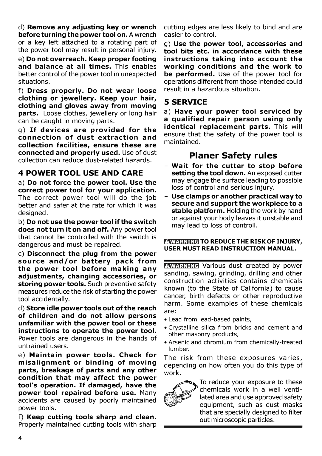 Festool PN574553, PM574553, PAC574553, PI574553 instruction manual Planer Safety rules, Power Tool USE and Care 