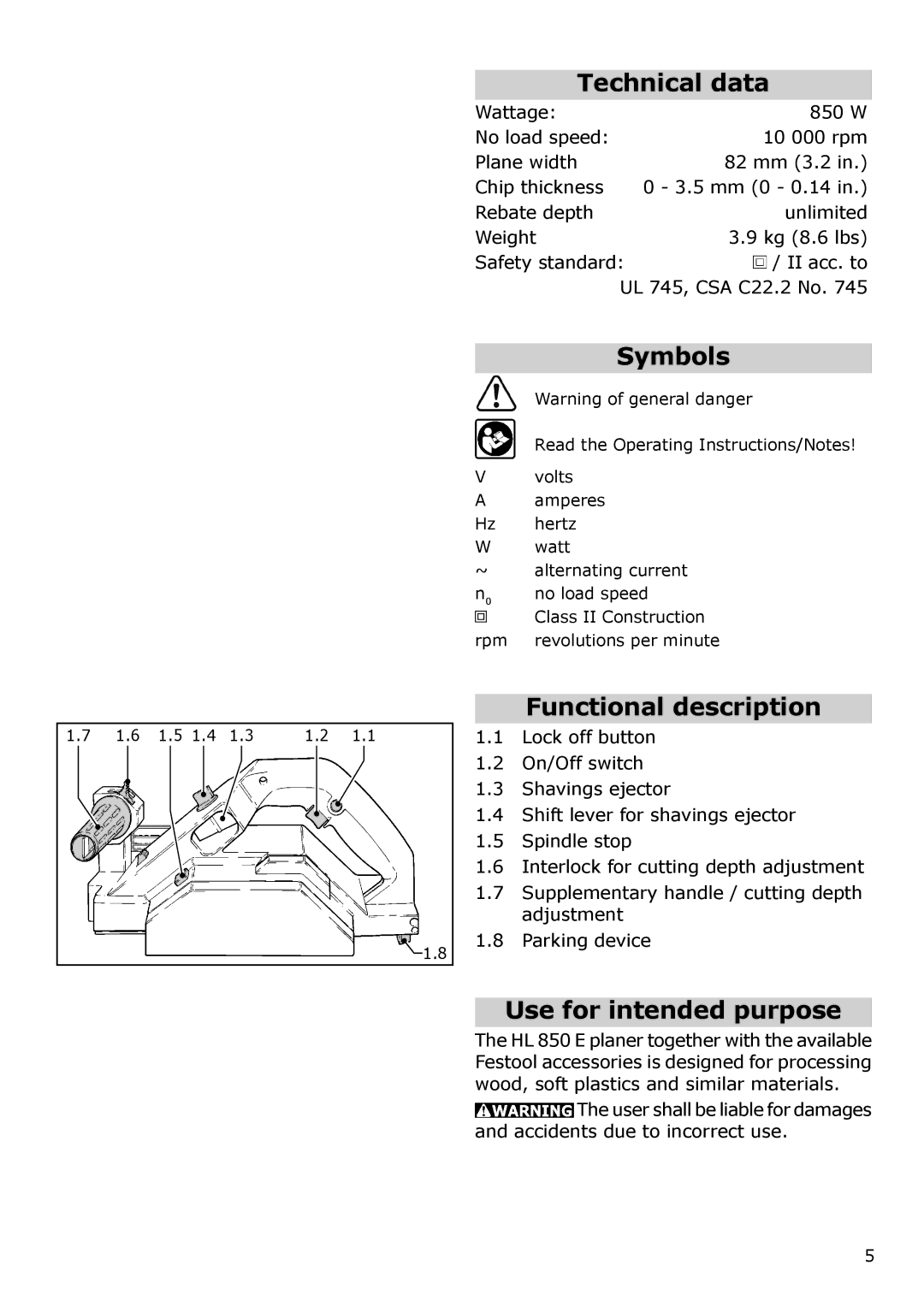 Festool PM574553, PN574553, PAC574553, PI574553 Technical data, Symbols, Functional description, Use for intended purpose 