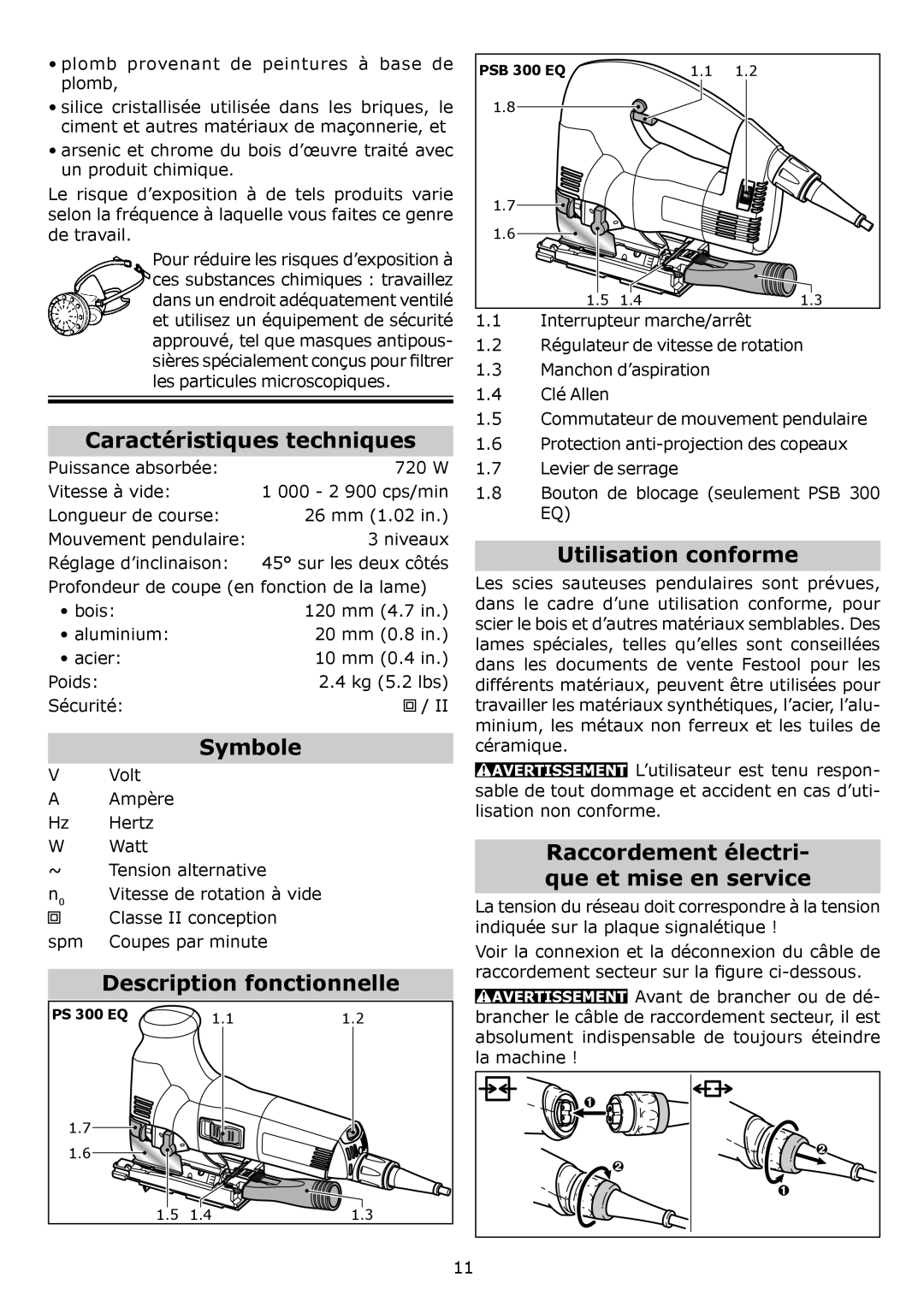 Festool PI561455, PSB 300 EQ Caractéristiques techniques, Symbole, Description fonctionnelle, Utilisation conforme 