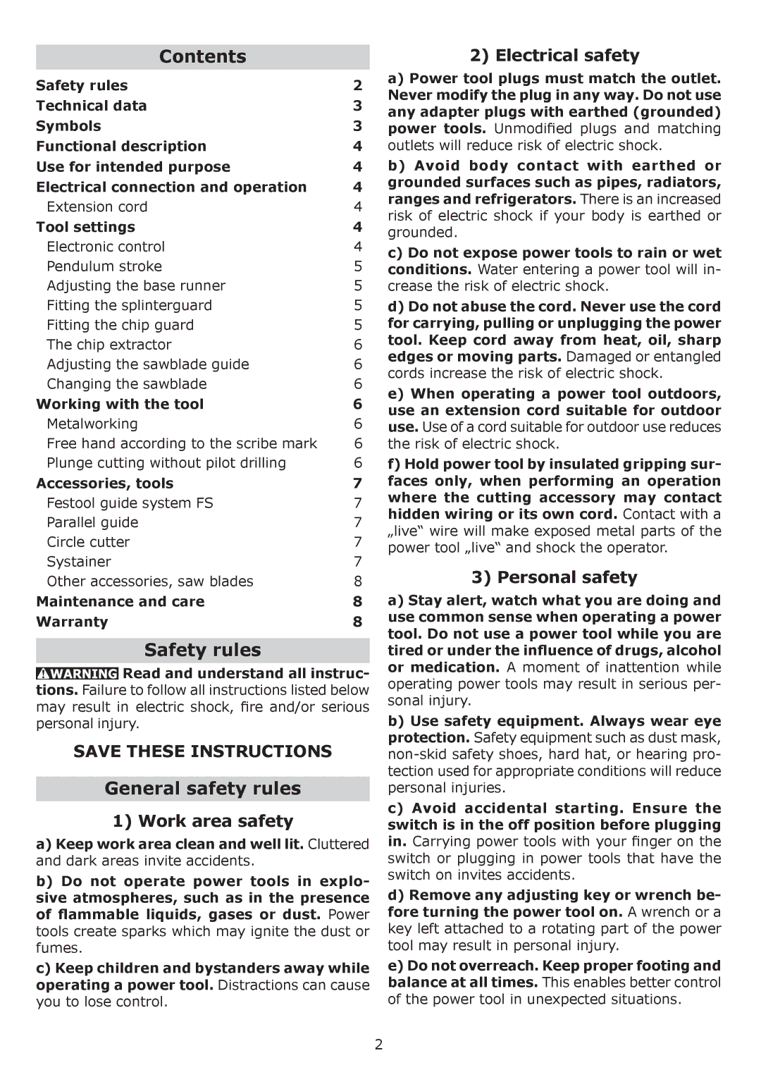 Festool PN561455, PSB 300 EQ, PN561443, PI561443, PS 300 EQ, PI561455 Contents, Safety rules, General safety rules 