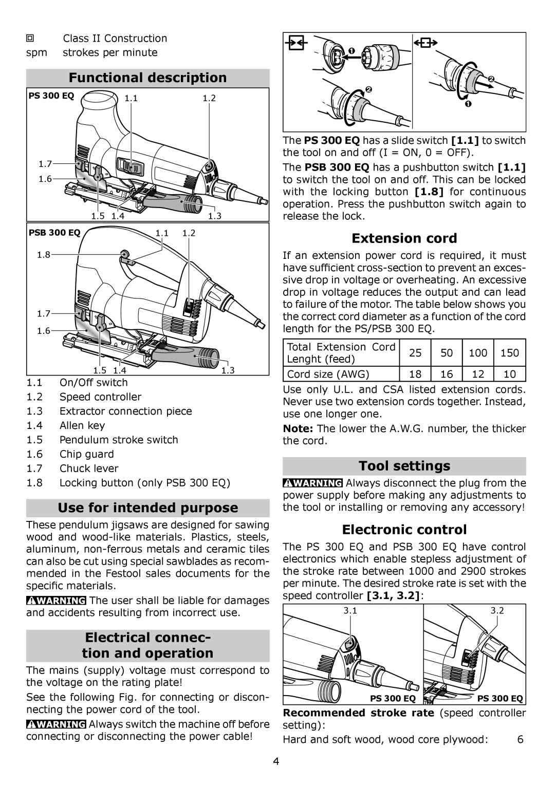 Festool PS 300 EQ Functional description, Use for intended purpose, Electrical connec- tion and operation, Extension cord 