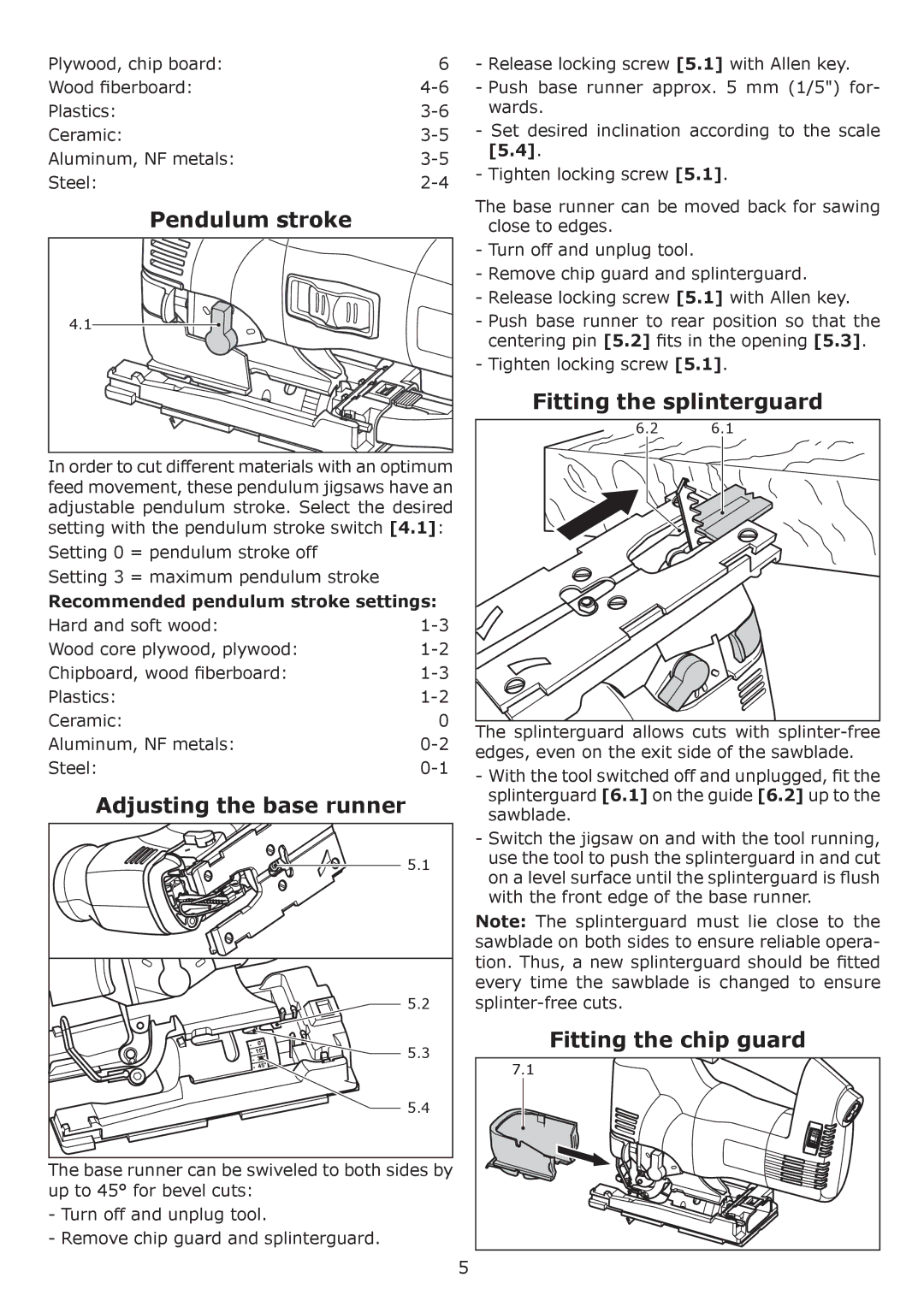 Festool PI561455, PSB 300 EQ Pendulum stroke, Adjusting the base runner, Fitting the splinterguard, Fitting the chip guard 