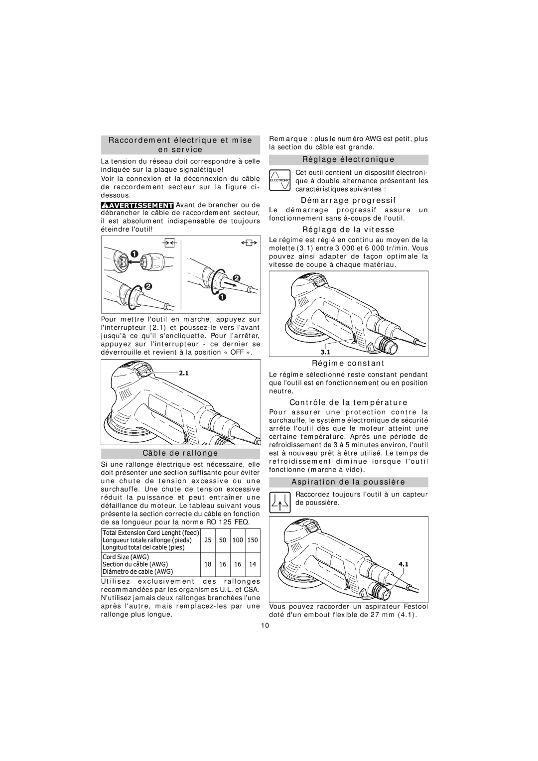 Festool RO 125 FEQ Raccordement électrique et mise En service, Câble de rallonge, Réglage électronique, Régime constant 