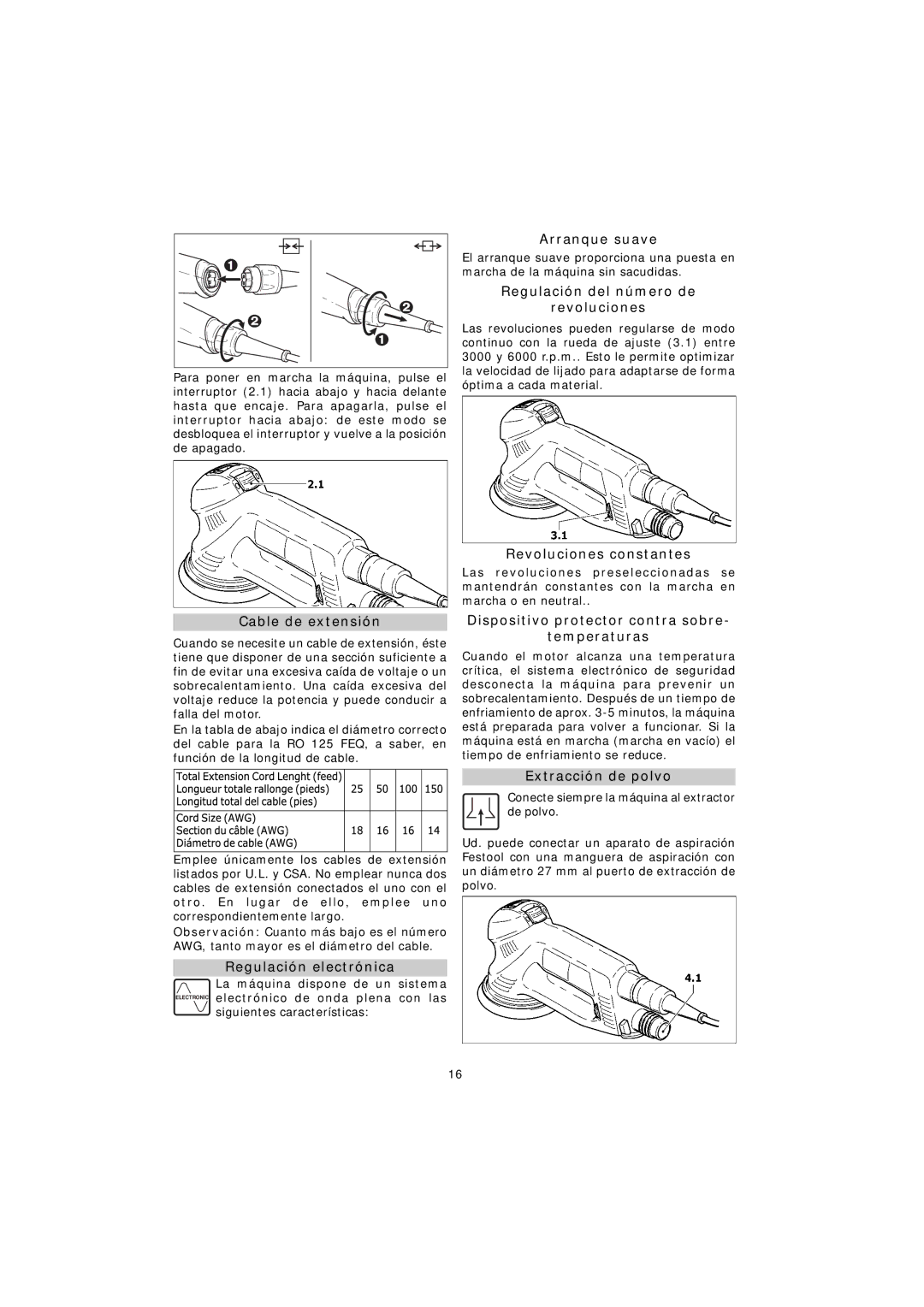 Festool RO 125 FEQ Arranque suave, Regulación del número de Revoluciones, Cable de extensión, Regulación electrónica 