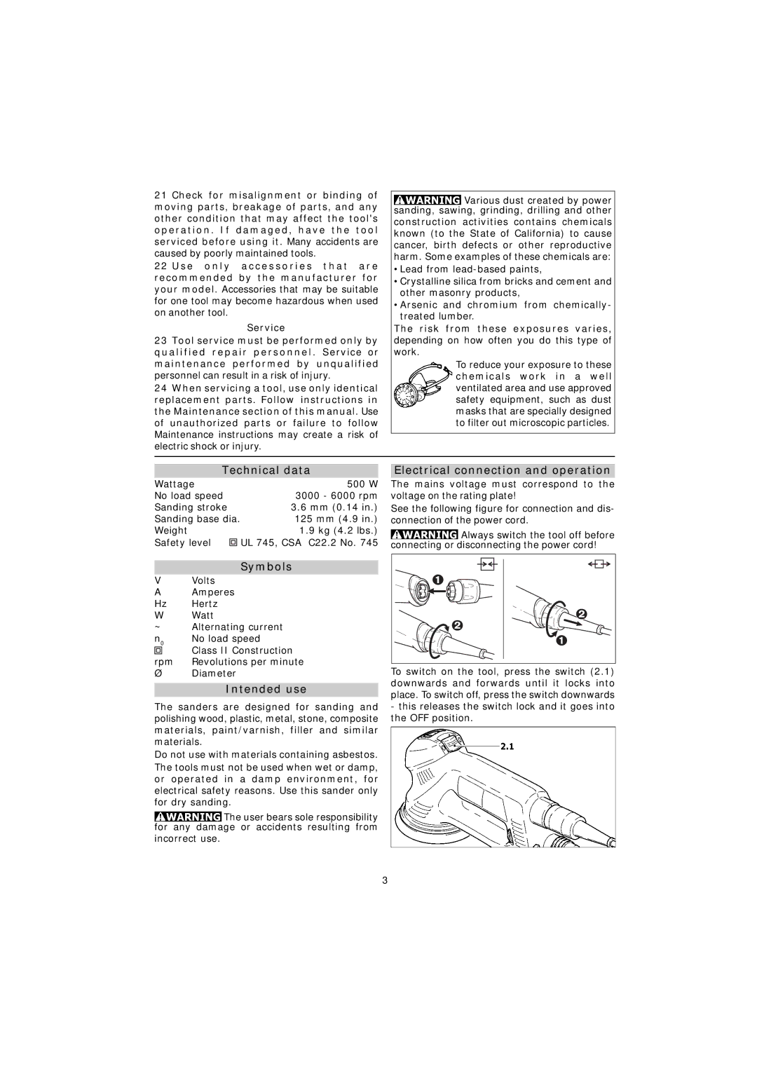 Festool RO 125 FEQ instruction manual Technical data, Electrical connection and operation, Symbols, Intended use 