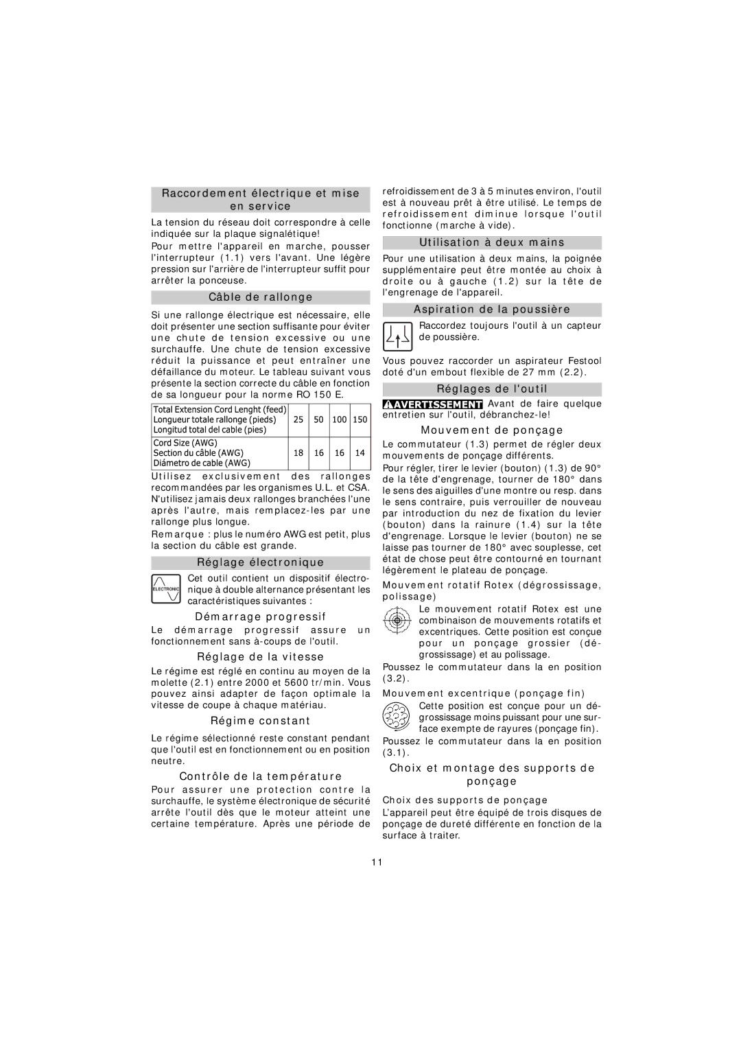 Festool RO 150 E Raccordement électrique et mise En service, Câble de rallonge, Réglage électronique, Démarrage progressif 