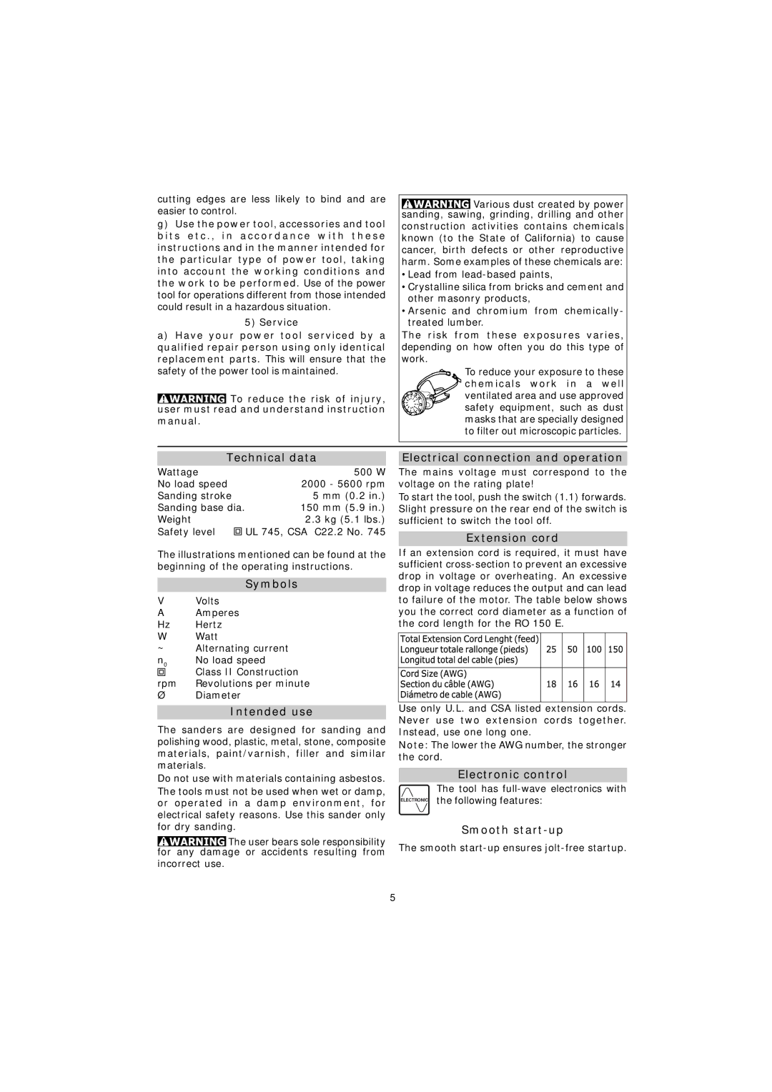 Festool RO 150 E Technical data, Symbols, Intended use, Electrical connection and operation, Extension cord 