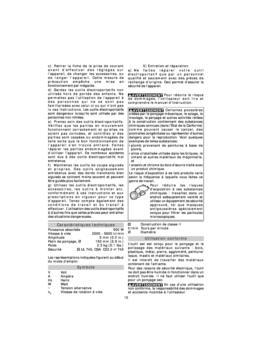 Festool RO 150 E instruction manual Caractéristiques techniques, Symbole, Utilisation conforme 