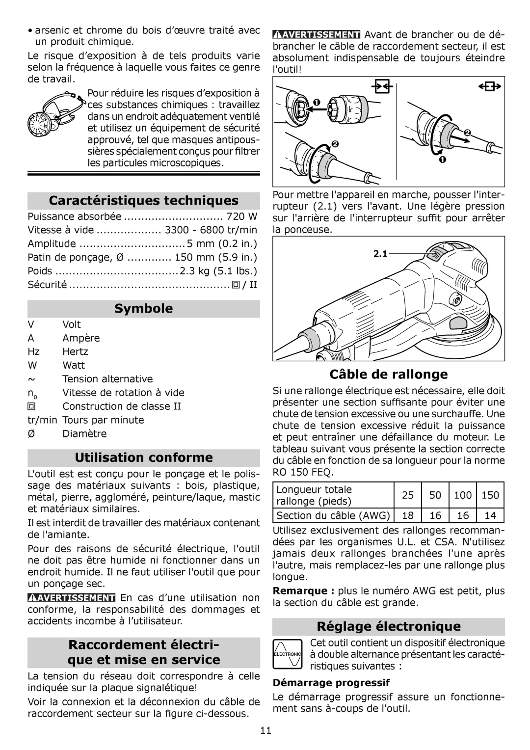 Festool RO 150 FEQ Caractéristiques techniques, Symbole, Utilisation conforme, Câble de rallonge, Réglage électronique 