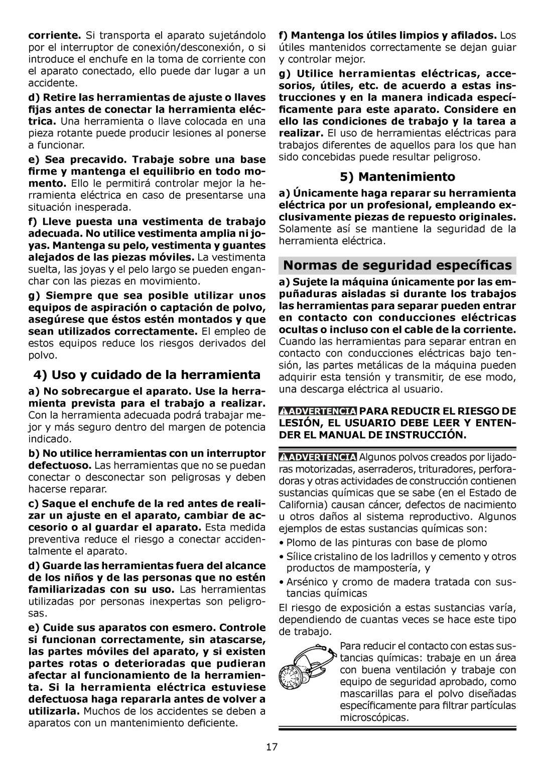 Festool RO 150 FEQ instruction manual Normas de seguridad especíﬁcas, Uso y cuidado de la herramienta, Mantenimiento 