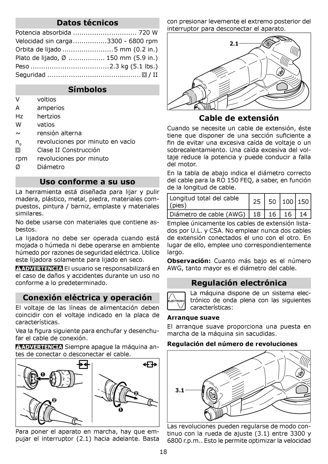 Festool RO 150 FEQ Datos técnicos, Símbolos, Uso conforme a su uso, Conexión eléctrica y operación, Cable de extensión 