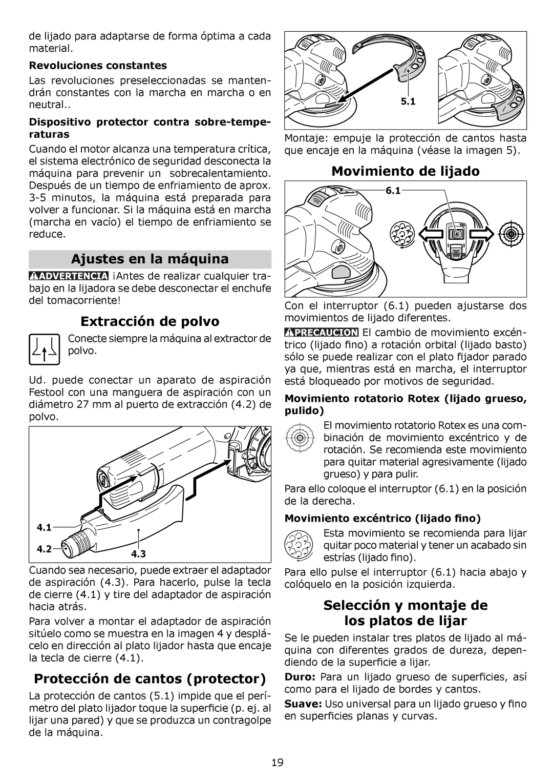 Festool RO 150 FEQ Ajustes en la máquina, Extracción de polvo, Protección de cantos protector, Movimiento de lijado 