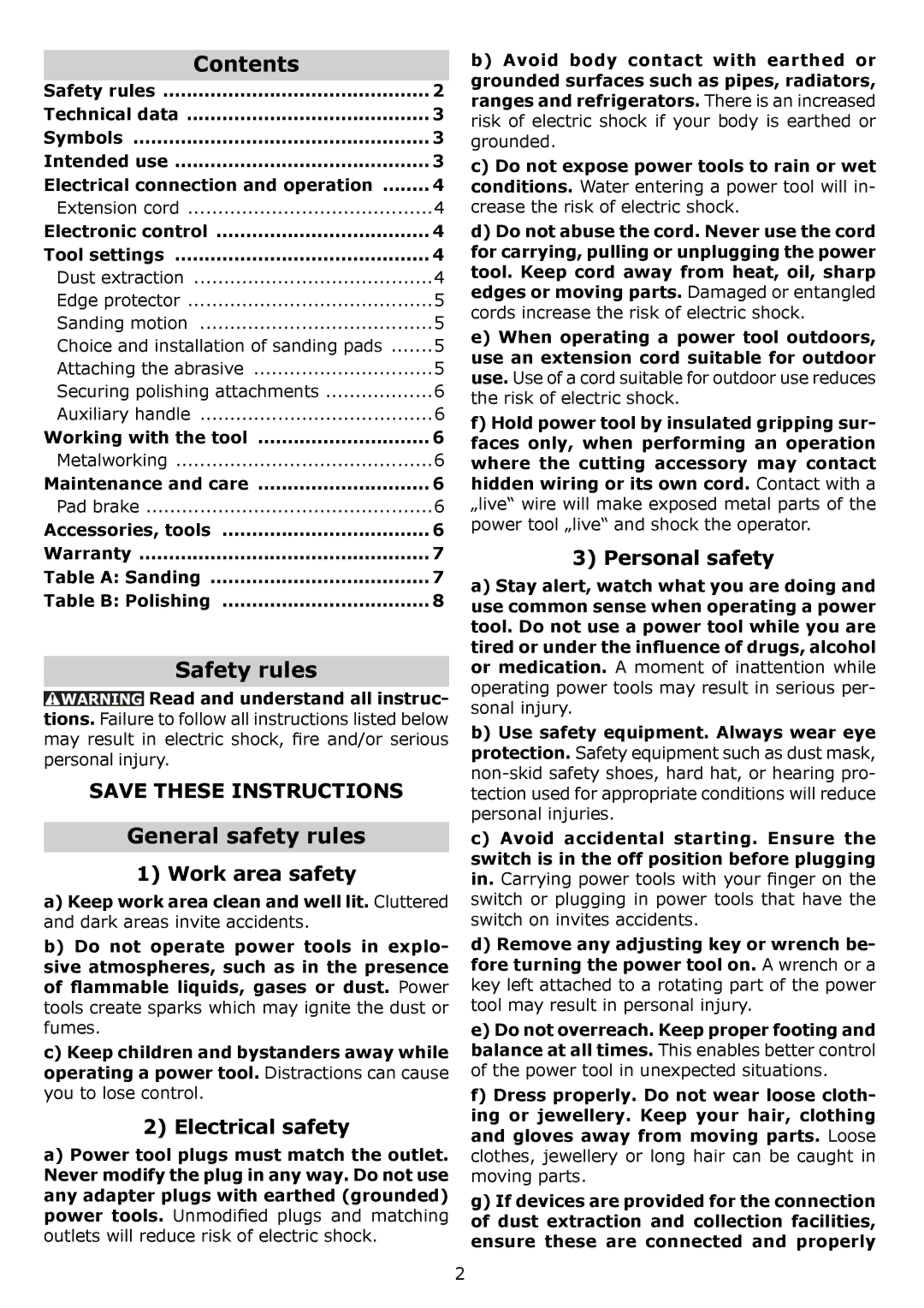 Festool RO 150 FEQ instruction manual Contents, Safety rules, General safety rules 