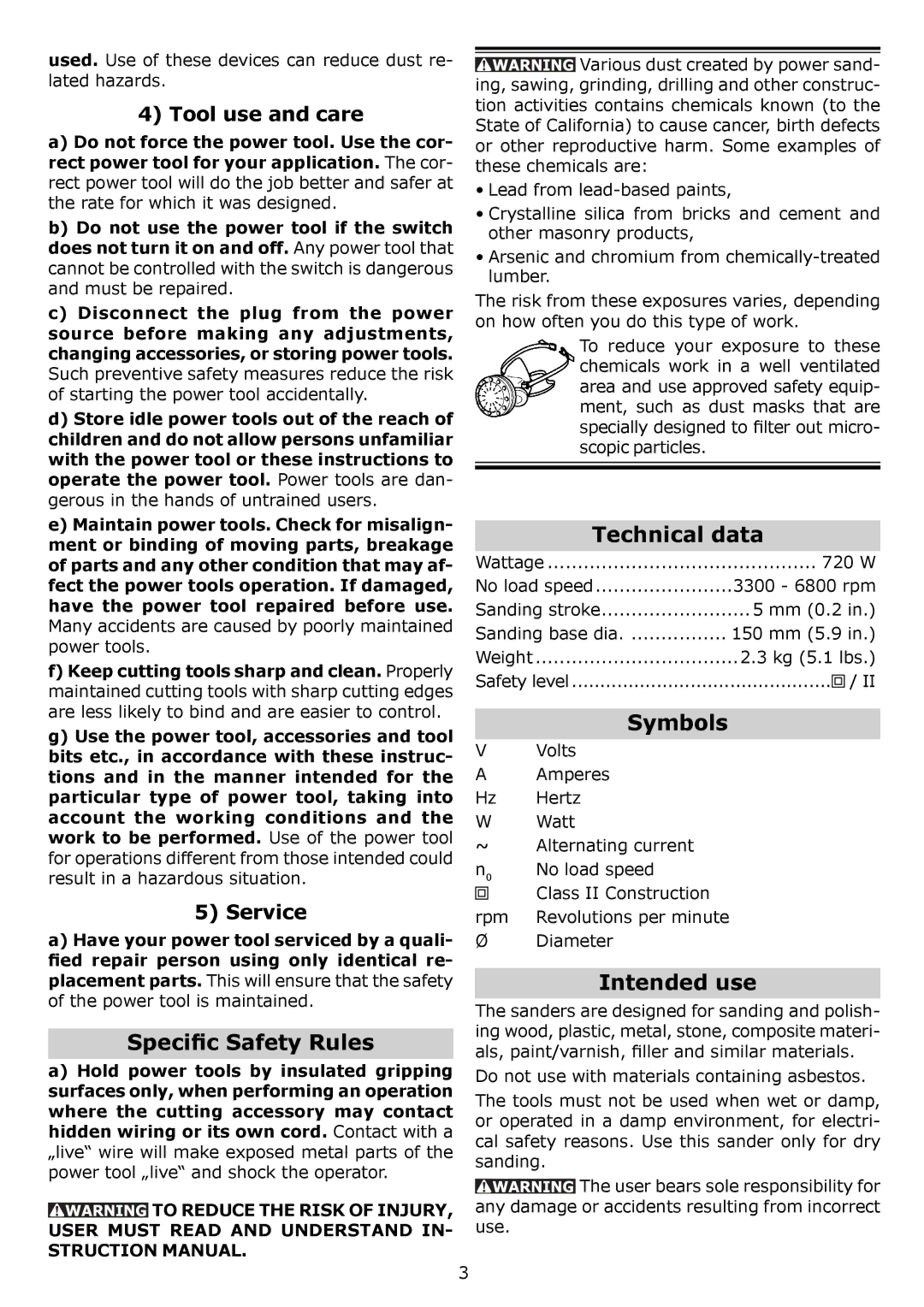 Festool RO 150 FEQ instruction manual Speciﬁc Safety Rules, Technical data, Symbols, Intended use 