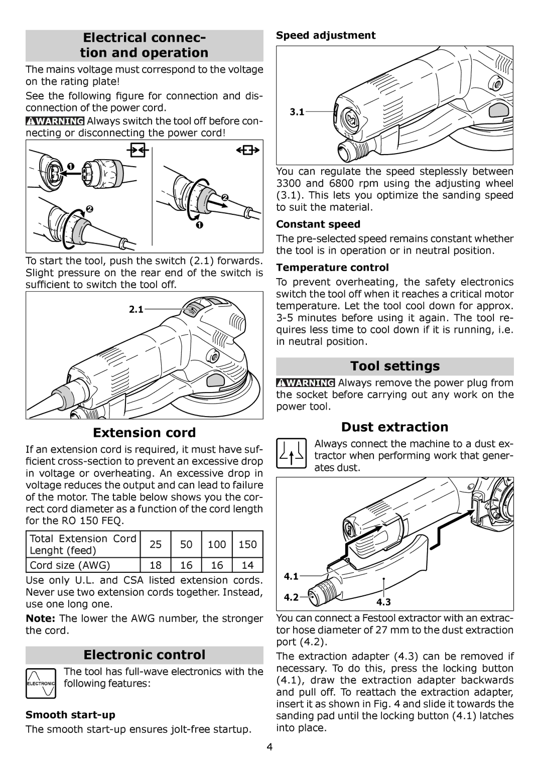 Festool RO 150 FEQ Electrical connec- tion and operation, Extension cord, Electronic control, Tool settings 