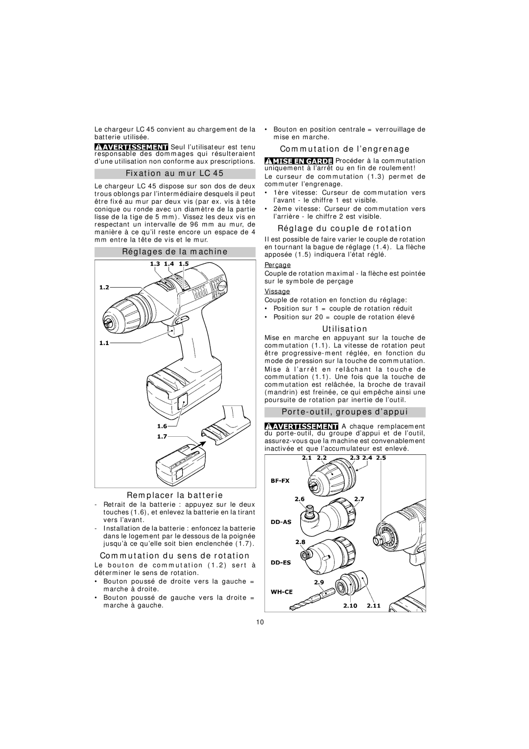 Festool TDK 15.6, TDK 12 Fixation au mur LC, Réglages de la machine Remplacer la batterie, Commutation du sens de rotation 