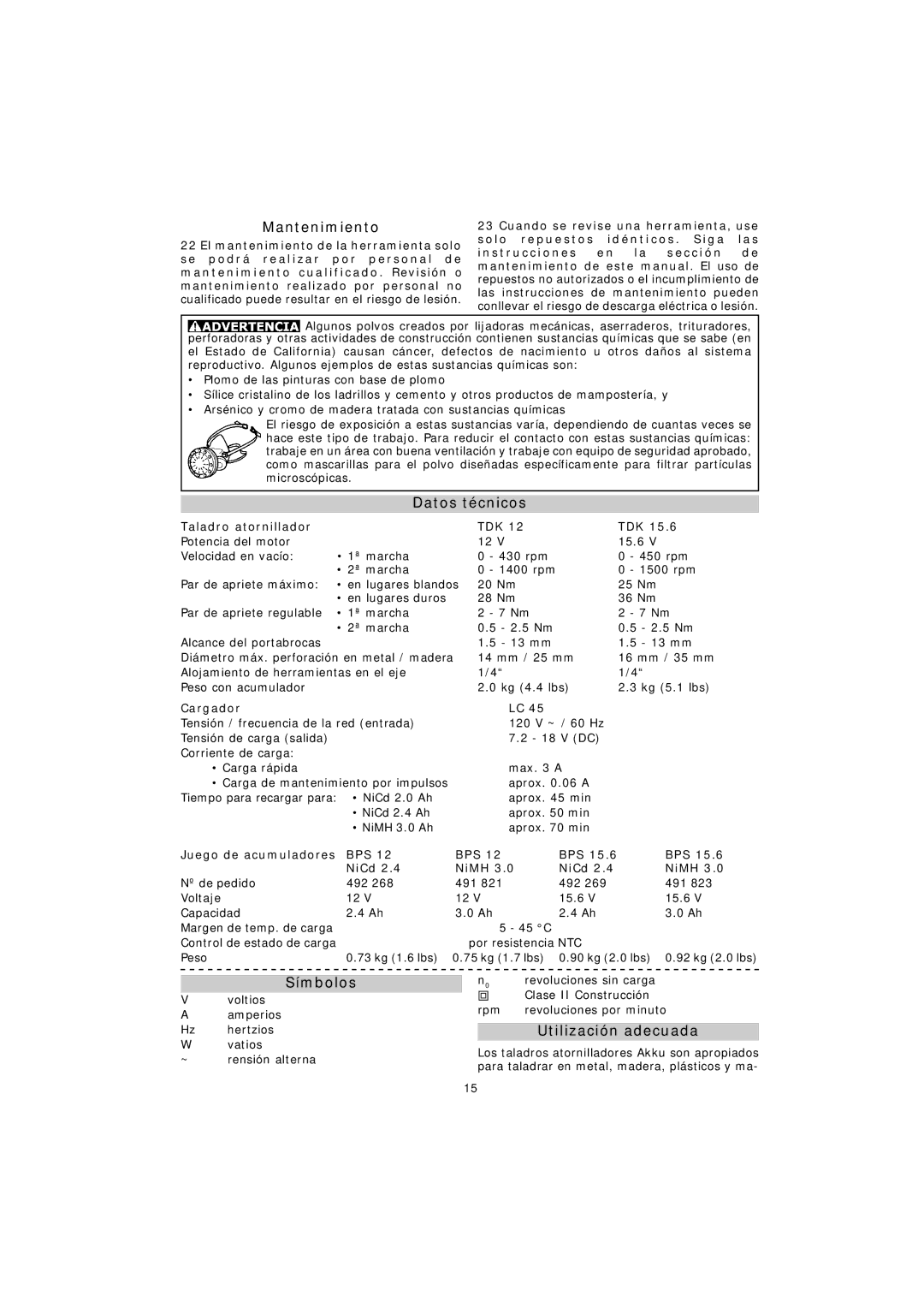 Festool TDK 12, TDK 15.6 instruction manual Mantenimiento, Datos técnicos, Símbolos, Utilización adecuada 