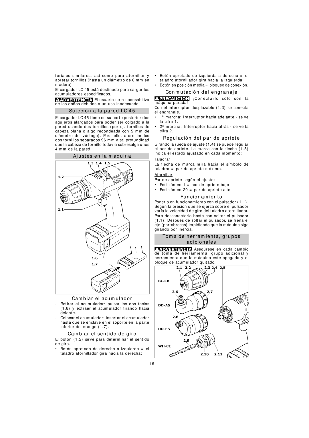 Festool TDK 15.6, TDK 12 Sujeción a la pared LC, Ajustes en la máquina Cambiar el acumulador, Cambiar el sentido de giro 