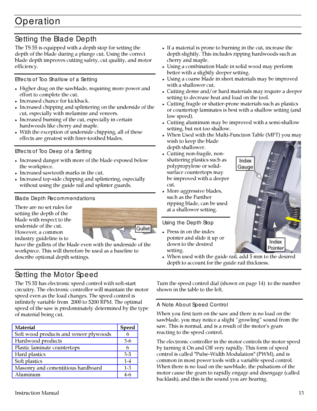 Festool TS 55 EQ instruction manual Operation, Setting the Blade Depth, Setting the Motor Speed 