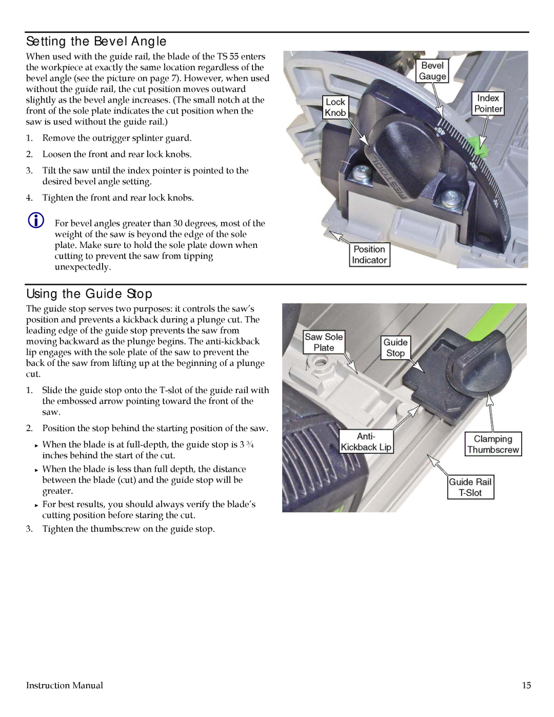 Festool TS 55 EQ instruction manual Setting the Bevel Angle, Using the Guide Stop 