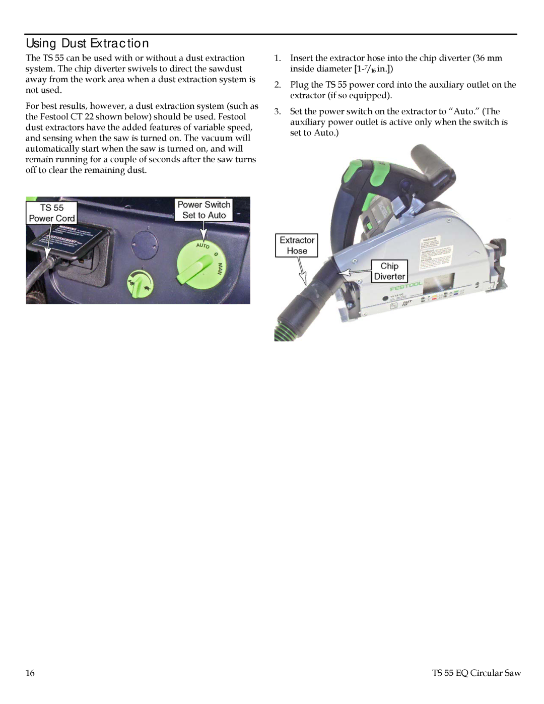 Festool TS 55 EQ instruction manual Using Dust Extraction 