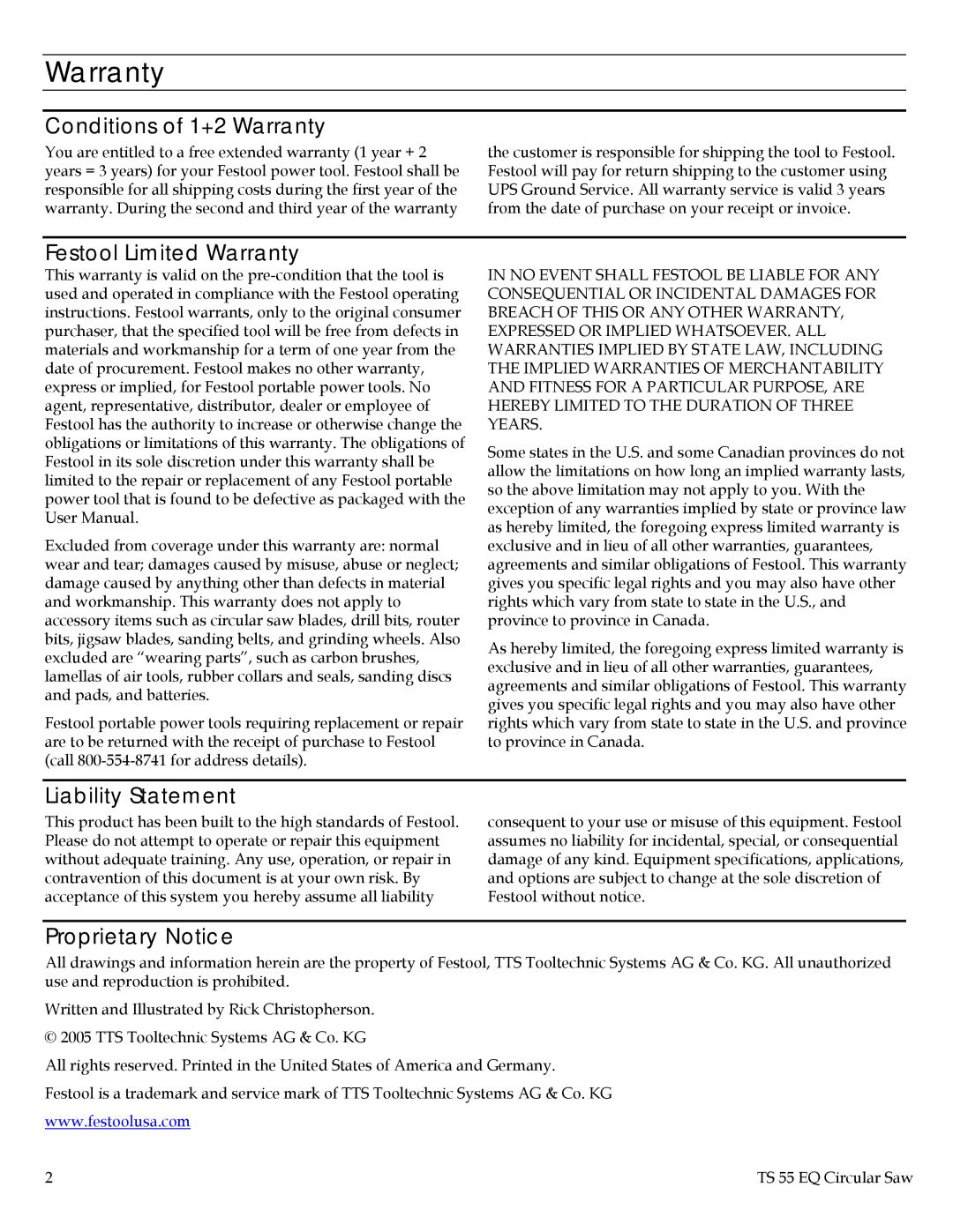 Festool TS 55 EQ Conditions of 1+2 Warranty, Festool Limited Warranty, Liability Statement, Proprietary Notice 