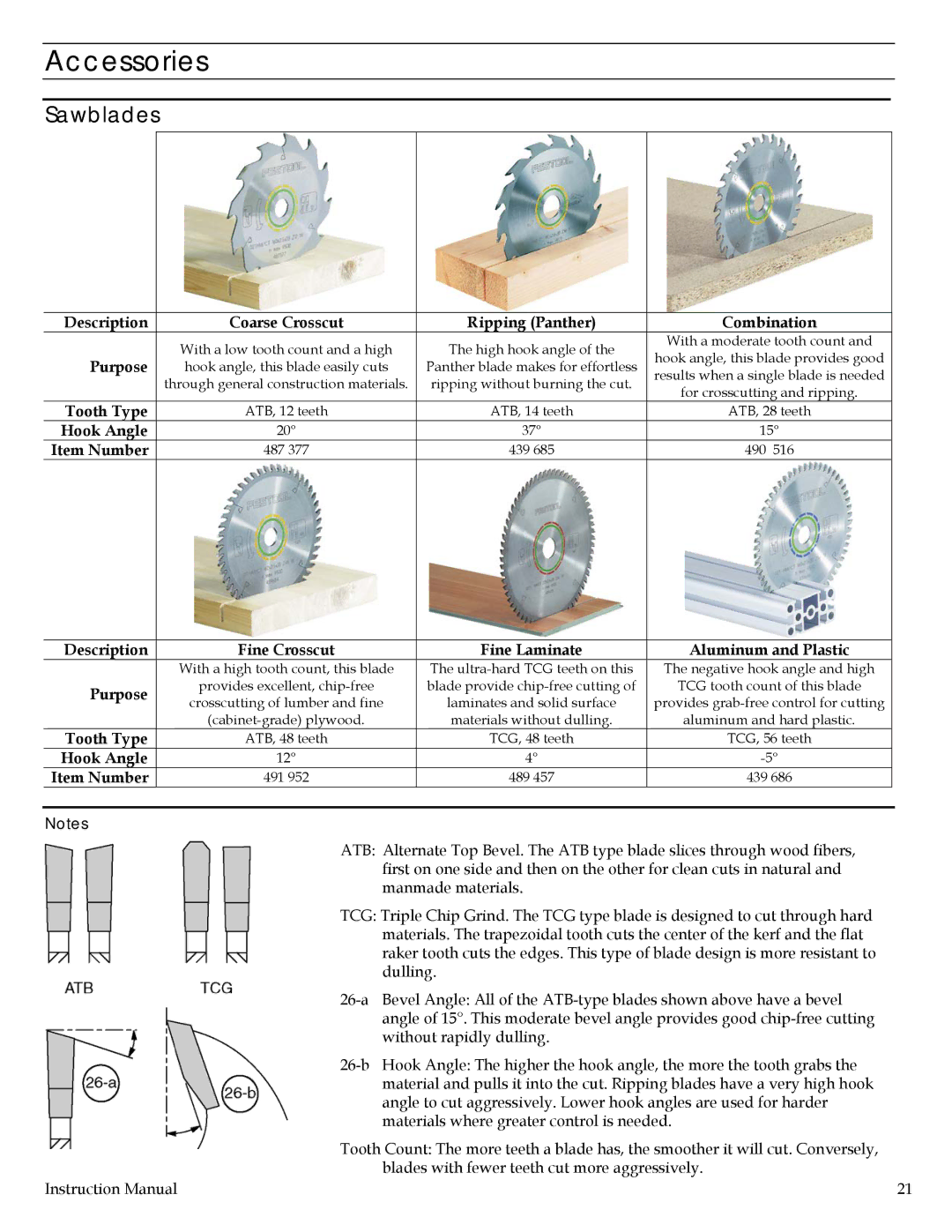 Festool TS 55 EQ instruction manual Accessories, Sawblades 