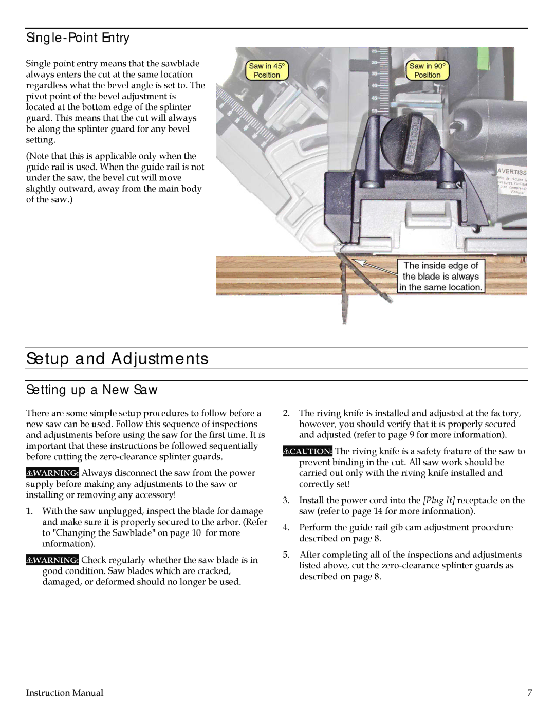 Festool TS 55 EQ instruction manual Setup and Adjustments, Single-Point Entry, Setting up a New Saw 