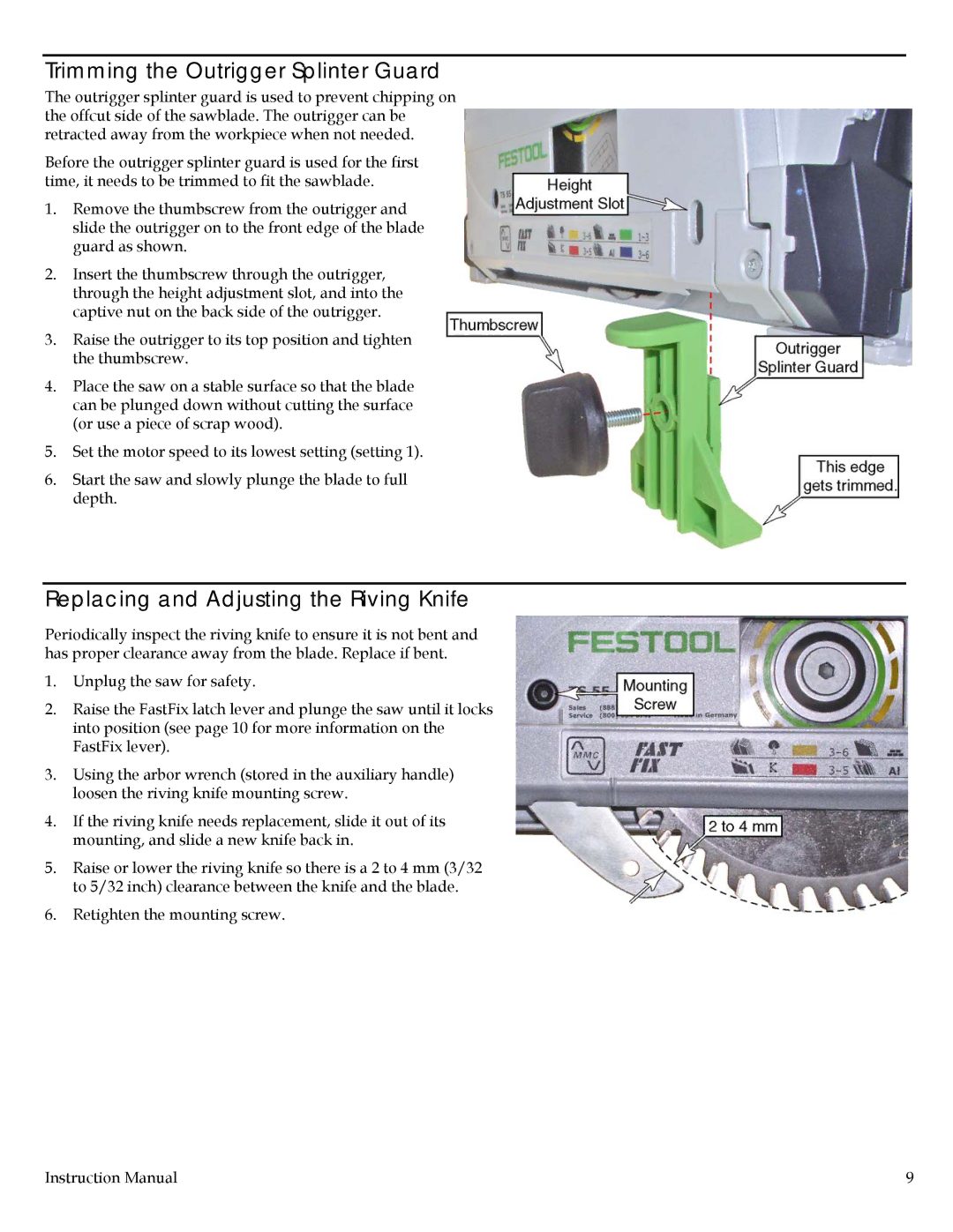 Festool TS 55 EQ instruction manual Trimming the Outrigger Splinter Guard, Replacing and Adjusting the Riving Knife 