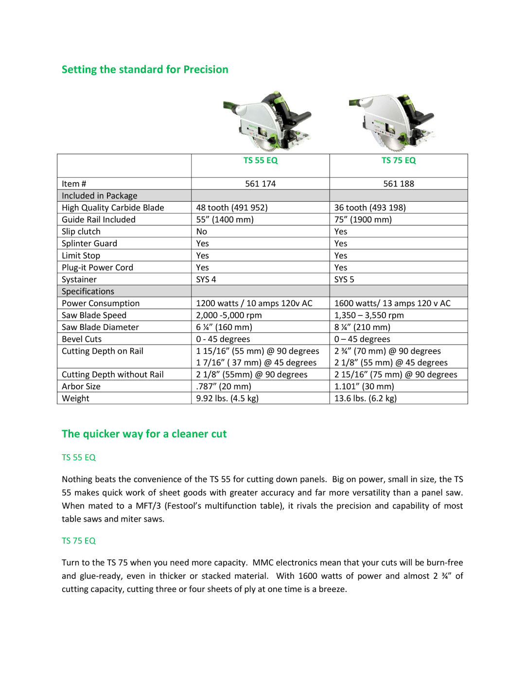 Festool TS 75 EQ manual Setting the standard for Precision, Quicker way for a cleaner cut, TS 55 EQ 