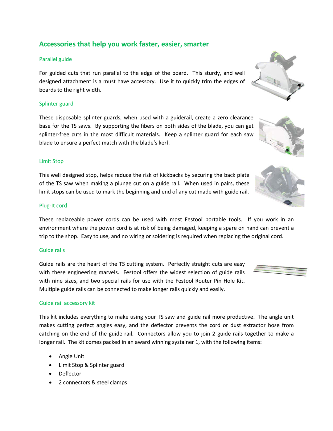 Festool TS 75 EQ manual Accessories that help you work faster, easier, smarter 