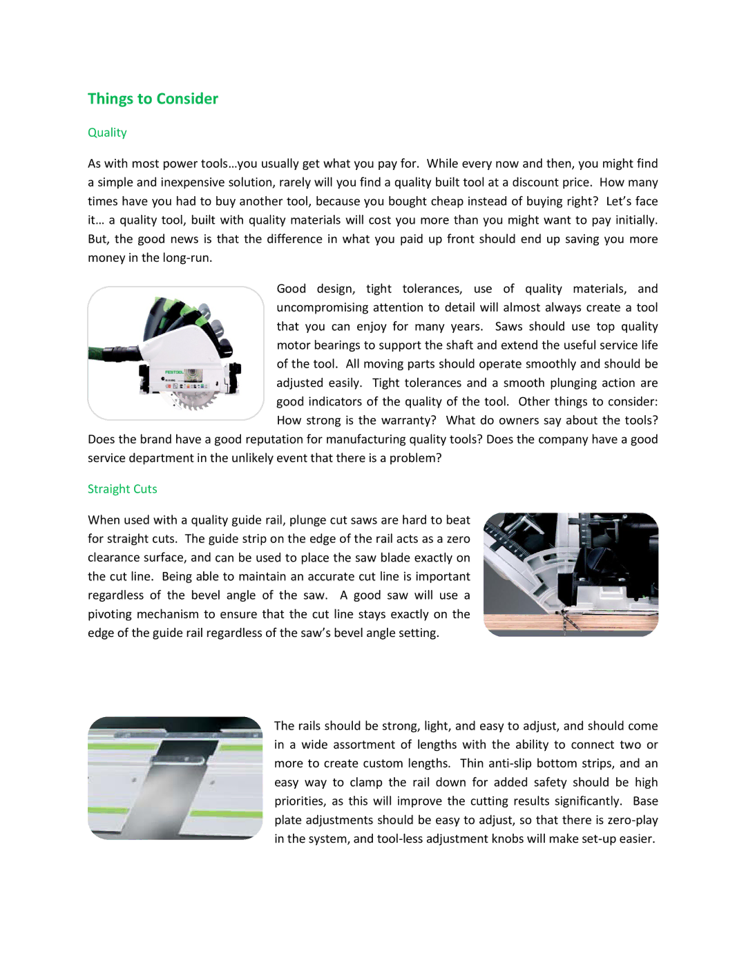 Festool TS 75 EQ manual Things to Consider, Quality, Straight Cuts 